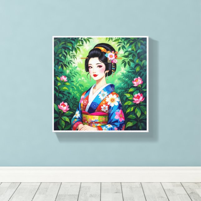 Elegant Geisha Wall - Blumenstrauch von Kimono Leinwanddruck (Insitu (Holzboden))