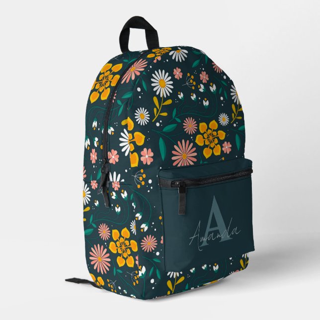 Elegant gelb-grün Hübsche Blüte mit Namen Bedruckter Rucksack (Rückseitige Ecke links)