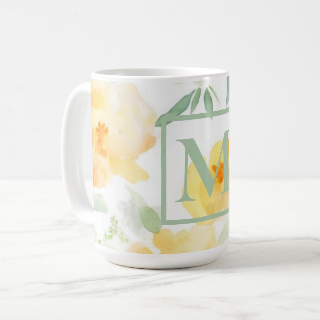 Elegant-gelb-orangefarbene Aquarellblüte Kaffeetasse (Vorderseite Links)