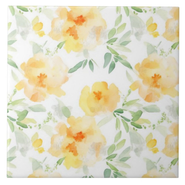Elegant gelb pfirsichfarbene Aquarellblüte Fliese (Vorderseite)