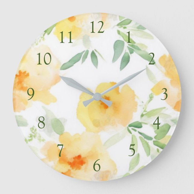 Elegant gelb pfirsichfarbene Aquarellblüte Große Wanduhr (Vorderseite)