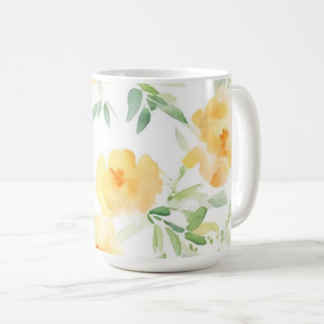 Elegant gelb pfirsichfarbene Aquarellblüte Kaffeetasse (VorderseiteRechts)