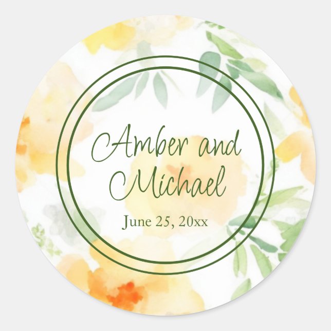 Elegant gelb pfirsichfarbene Aquarellblüte Runder Aufkleber (Vorderseite)