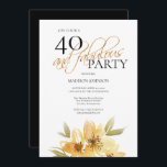 Elegant Gelbe Blüte 40 und fabelhafter Geburtstag Einladung<br><div class="desc">Diese Einladung hat eine luftige Eleganz,  die perfekt für Ihre besondere Veranstaltung ist. Dieses Design zeichnet sich durch weiche gelbe Blumen und eine individuelle Typografie auf einem knusprigen weißen Hintergrund aus. Die Rückseite ist elegant schwarz gehalten. Fügen Sie Ihre Informationen hinzu,  um das Aussehen zu vervollständigen.</div>