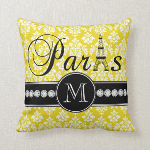 Elegant Gelber Damast Paris Monogramm Kissen