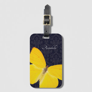 Elegant Gelbes Schmetterling Schwarzer Damast Name Gepäckanhänger