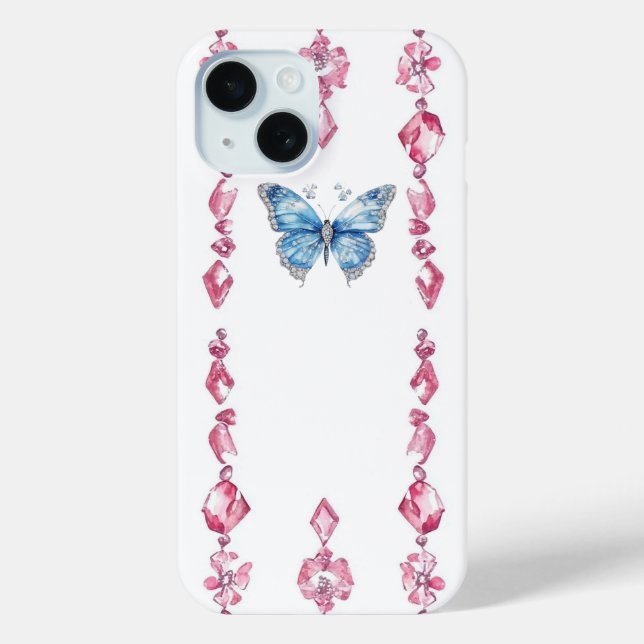 Elegant Gem Butterfly iPhone 15 Case Blue (Rückseite)