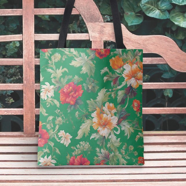 Elegant Gemustert Green (A floral tote bag with red and peach flowers on a vibrant green background. Ideal for garden lovers)