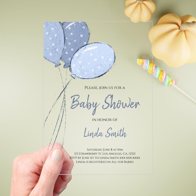 Elegant Gender Neutral Blue Balloons Baby Dusche Acryleinladungen (Von Creator hochgeladen)