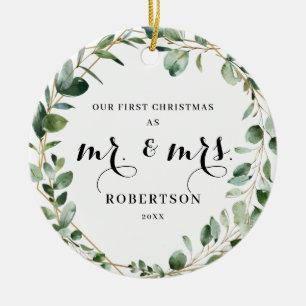 Elegant Geometric Greenery Erster Weihnachten Keramik Ornament