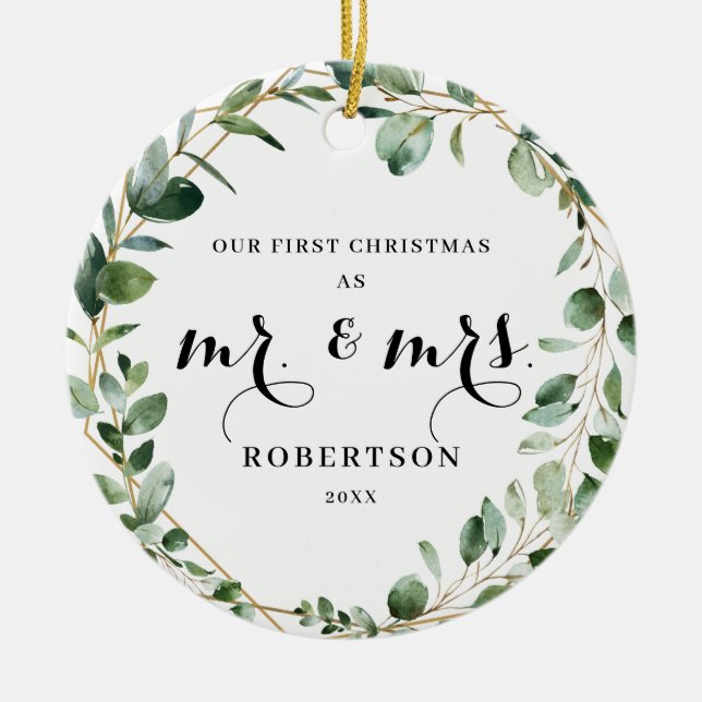 Elegant Geometric Greenery Erster Weihnachten Keramik Ornament (Vorne)