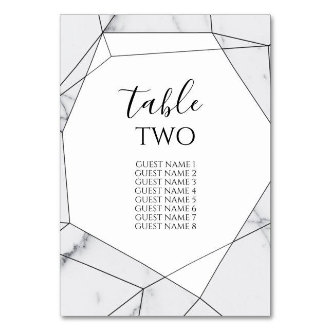 Elegant Geometric Marble Wedding Guest Names Tischnummer (Vorderseite)
