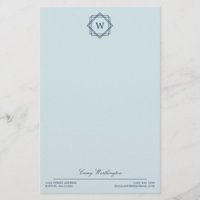 Elegant Geometric Navy Blue Monogram & Name Briefpapier (Vorderseite)