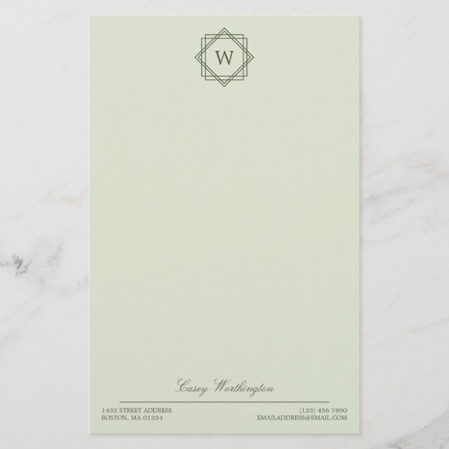 Elegant Geometric Olive Green Monogram & Name Briefpapier (Vorderseite)