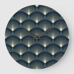 Elegant geometrisch: Blaues Art Deco. Große Wanduhr
