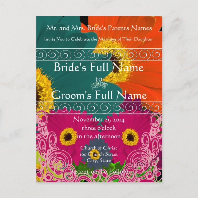 Elegant Gerber Daisy Wedding Invitation Wirbel Einladungspostkarte (Vorderseite)