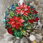 Elegant gesteinigt Glas Weihnachten Ornament Karte<br><div class="desc">Elegante und farbenfrohe rote Poinsettien und heilige Beeren mit grünem Blattwerk in Buntglasstil.</div>