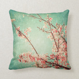 Elegant getragenes Vintage Teal Holz & Kirschblüte Kissen