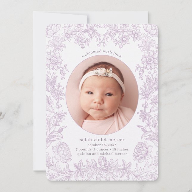 Elegant Gezeichnet Floral Lavender Birth Ankündigung (Vorderseite)
