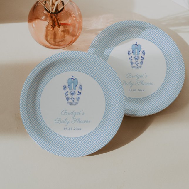 Elegant Ginger Jar Blue Bow Boy Baby Shower Party Pappteller (Chinoiserie chic blue and white ginger jar with baby blue bow baby shower or baptism paper plates)