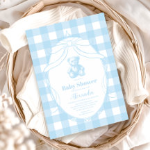 Elegant Gingham French Teddy Bear Baby Shower