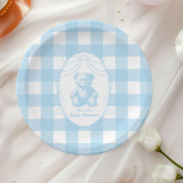 Elegant Gingham French Teddy Bear Baby Shower Pappteller