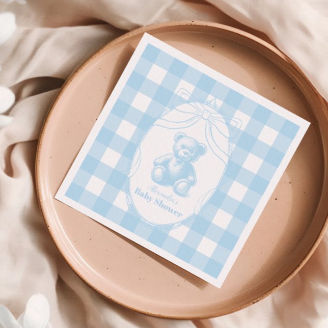 Elegant Gingham French Teddy Bear Baby Shower Serviette (Von Creator hochgeladen)