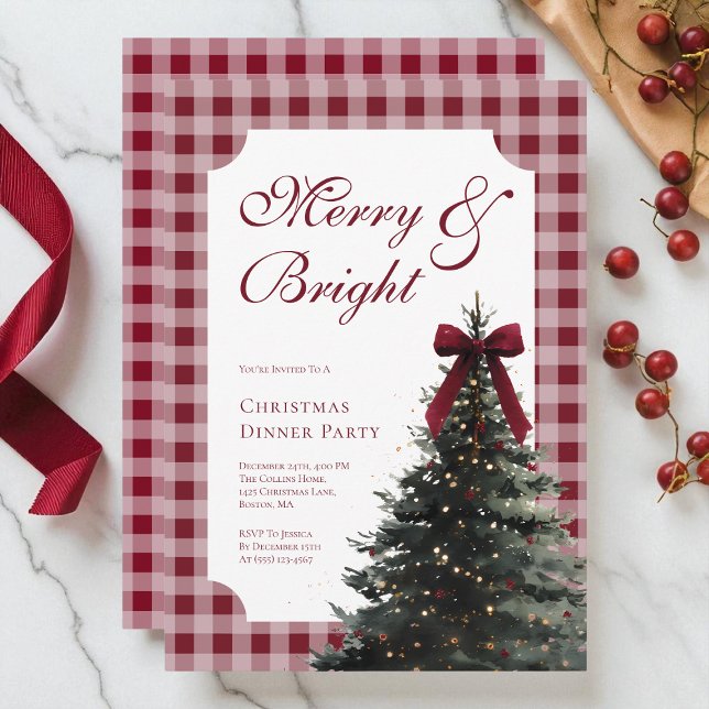 Elegant Gingham Red Bow Christmas Dinner Party Einladung (Elegant Gingham Red Bow Christmas Dinner Party Invitation)