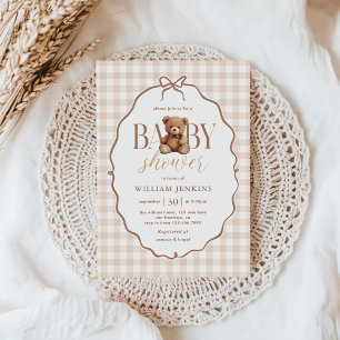 Elegant Gingham Teddy Bear Baby Shower Einladung