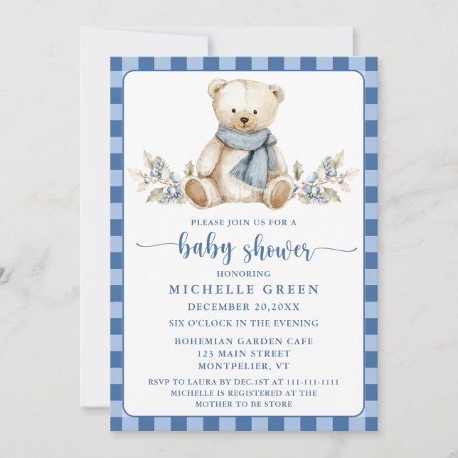 Elegant Gingham Teddy Bear Winter Baby Shower Einladung (Vorderseite)