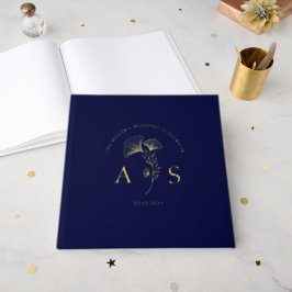 Elegant Ginkgo Blätter Dark Navy Wedding Foil Gästebuch