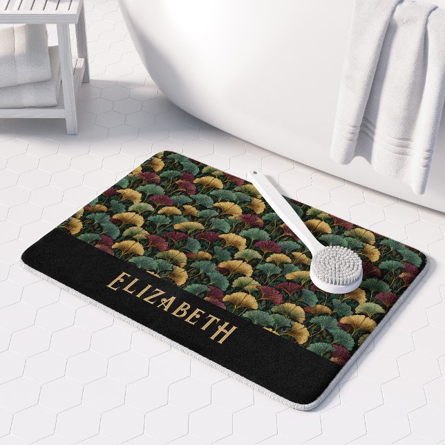 Elegant Ginkgo Pattern Monogram Name Jewel Tones Badematte (Von Creator hochgeladen)