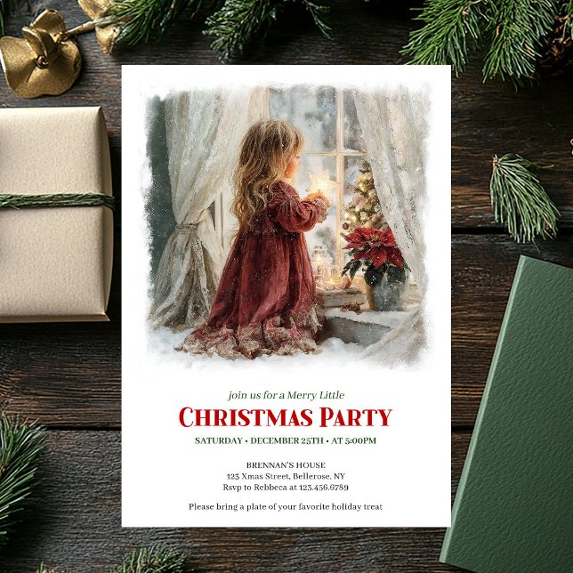 Elegant girl awaits Santa editable holiday invite Einladung (Elegant girl awaits Santa editable holiday invitation)