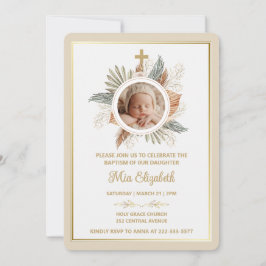 Elegant Girl Baptism Greenery Cross Photo Invitat Einladung