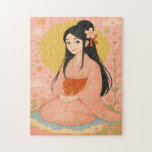 Elegant Girl in Japanisch Kimono Puzzle<br><div class="desc">Treten Sie ein in eine Welt der Gnade und des Charmes mit diesem wunderbar illustrierten Puzzle, in dem ein traditionelles japanisches Mädchen in einem zarten, blumengeschmückten Kimono gekleidet ist. Die ruhige Komposition wird durch weiche Seifenblasen in lebhaften Orange, Rot und Grün noch verstärkt, die sanft in einem weichen rosa Himmel...</div>