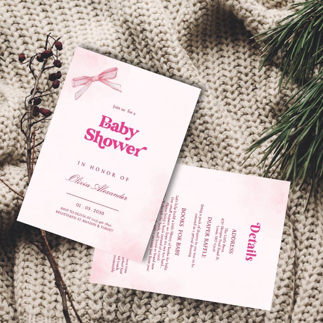 Elegant Girl Pink Bow Baby Shower Einladung (Von Creator hochgeladen)