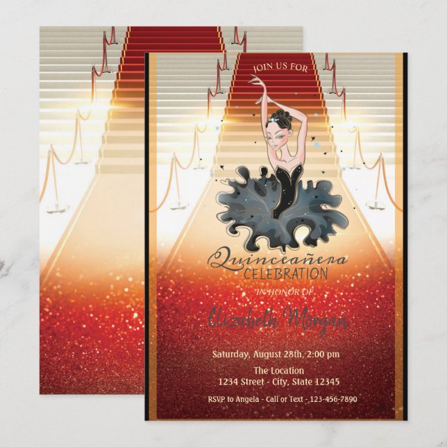 Elegant Girl, Red Tepet Quinceanera Einladung (Vorne/Hinten)