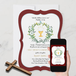 Elegant Girls Burgundy Floral Erste Heilige Kommun Einladung
