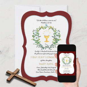 Elegant Girls Burgundy Floral Erste Heilige Kommun Einladung