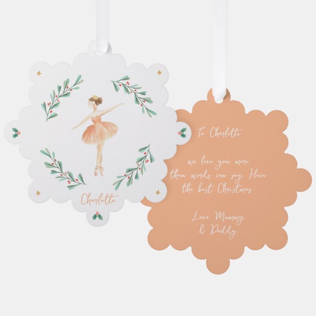 Elegant Girly Ballerina peach niedlich Weihnachten Ornament Karte (Vorderseite/Rückseite)