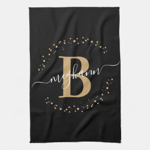 Elegant Girly Black Monogram Name Script Geschirrtuch
