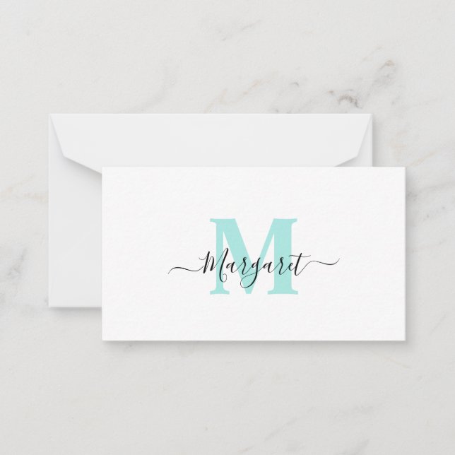 Elegant Girly Chic Aquamarin Monogram Mitteilungskarte (Vorderseite)