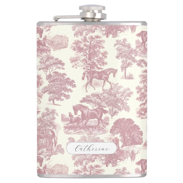 Elegant Girly Chic Rosa Rosa Toile Name Flachmann (Vorderseite)