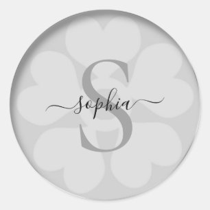 Elegant Girly Floral Silver Gray Monogram Name Runder Aufkleber