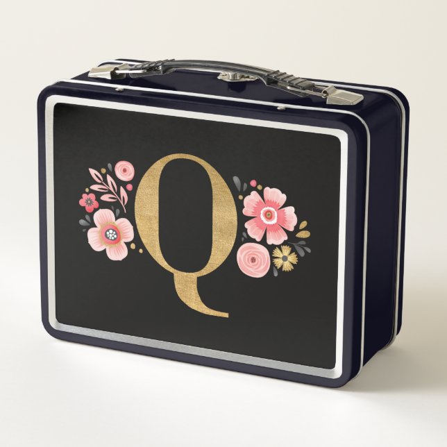 Elegant Girly Pink Black Floral Metall Brotdose (Rückseite)