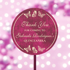 Elegant Girly Pink Gold Schmetterlinge Quinceañera Runder Aufkleber