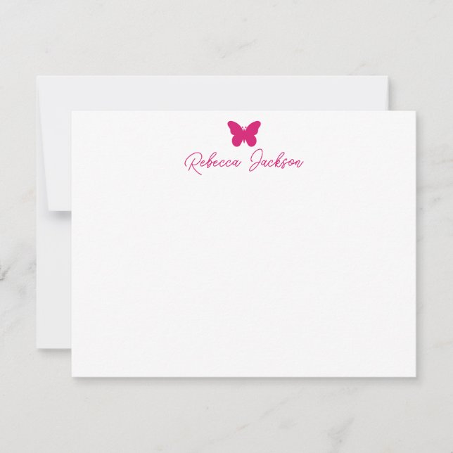Elegant Girly Script Name Magenta Pink Butterfly Mitteilungskarte (Vorderseite)