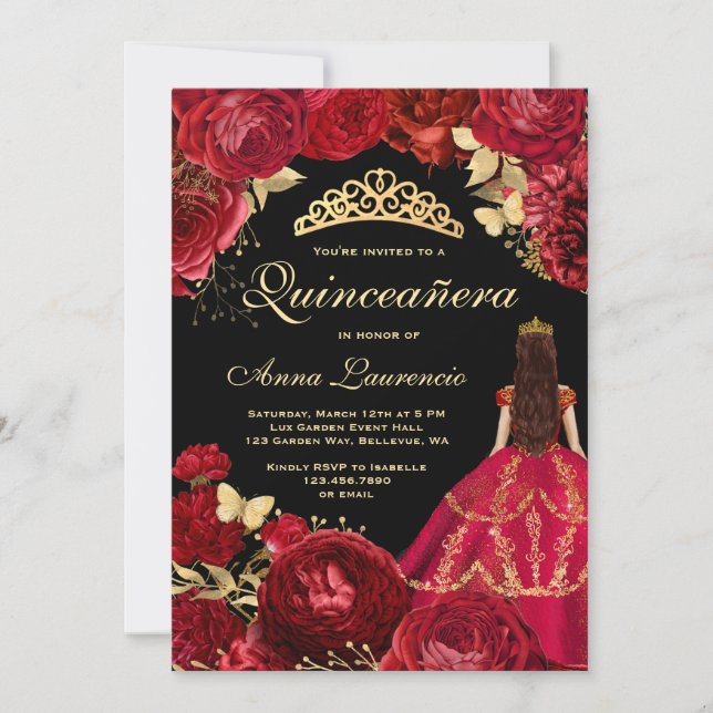 Elegant Glam Black Gold Red Quinceanera Einladung (Vorderseite)