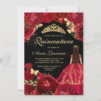 Elegant Glam Black Gold Red Quinceanera Einladung
