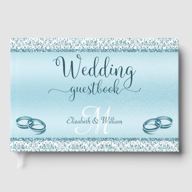 Elegant Glam Blue Damask Metallic Wedding Gästebuch (Vorderseite)